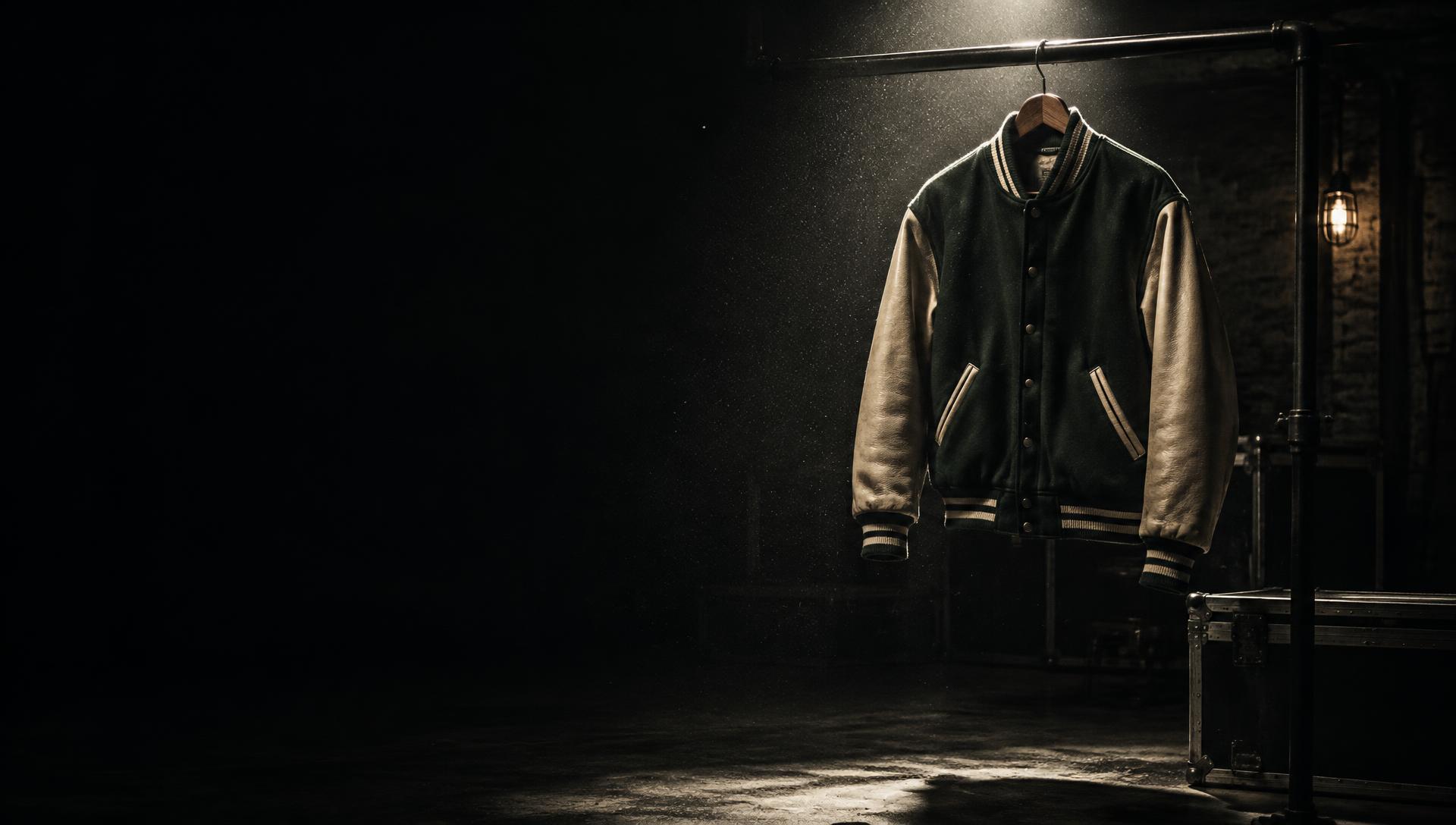 A vintage varsity jacket under a single spotlight